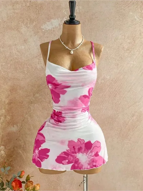 Women Thin Strap Cowl Neck Pink Floral Print Side Ruched Ruffle Hem Mini Bodycon Dress 2026 Summer Tropical Beach Y2K Going Out — image 6