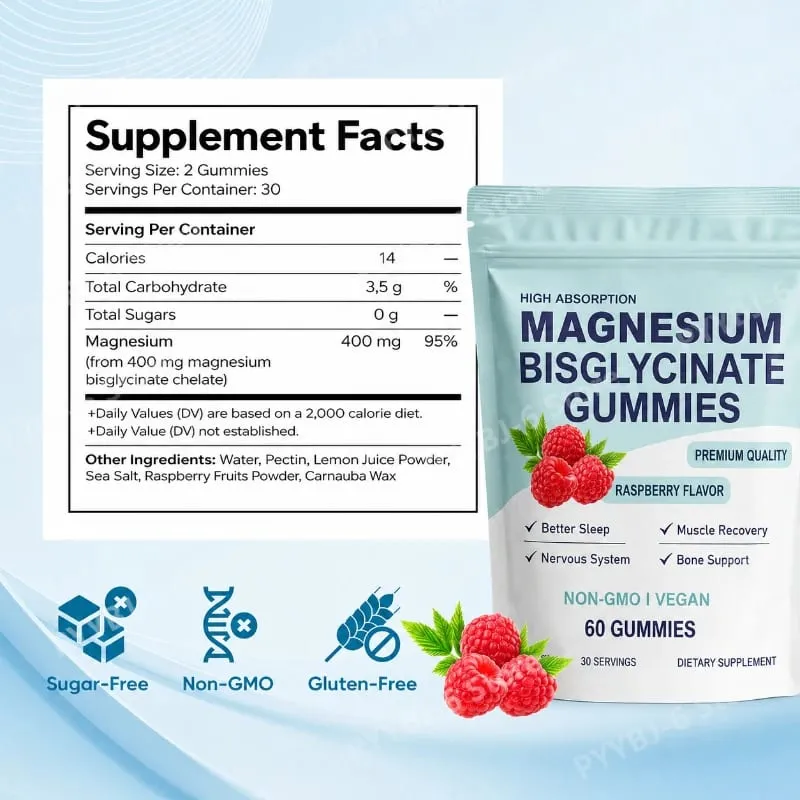 High Absorption Magnesium Bisglycinate Gummies Vegan Raspberry Flavor 60 Count Support Muscle Bone Health Non GMO Gluten Free — image 7