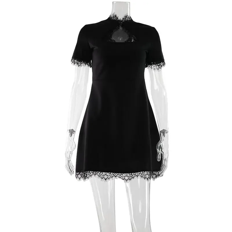 Sexy Women's Mini Dresses Patchwork Short Sleeves Lace Hollow Out Slim Fit Trend Baisc Turtleneck Streetwear Female Robe