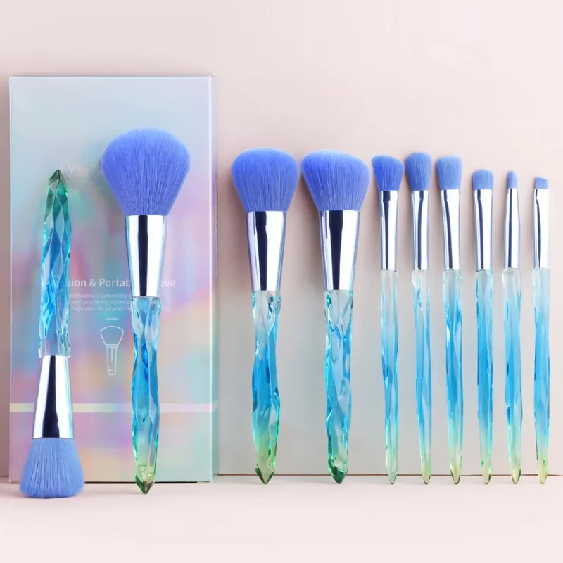 10Pcs Shiny Crystal Handle Makeup Brush Set with Case Round Loose Powder Brush & Flat Foundation Brush for Eye Makeup — image 5