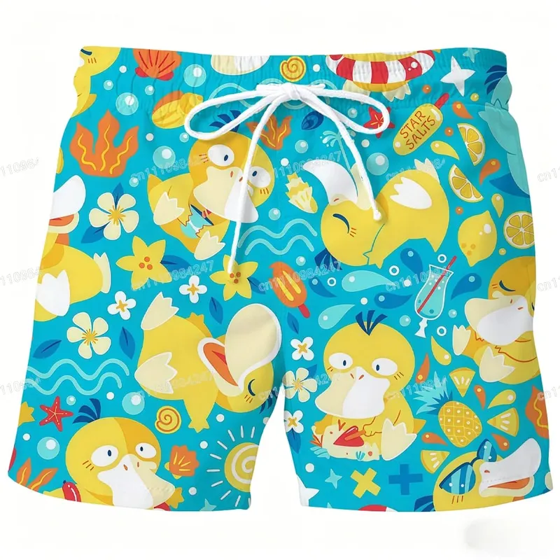 2026 Summer Psyduck Beach Shorts Pokemon Cartoon Quick Dry Board Shorts Cute Duck Print Casual Holiday Pants for Men Women Sport — image 1