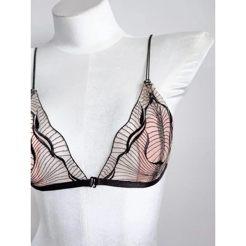 Premium French Triangle Cup Lace Wireless Bra Set Ultra Thin Thin Strap Soft Sexy Backless Lingerie 32‑38 A-B CUP Set — image 5