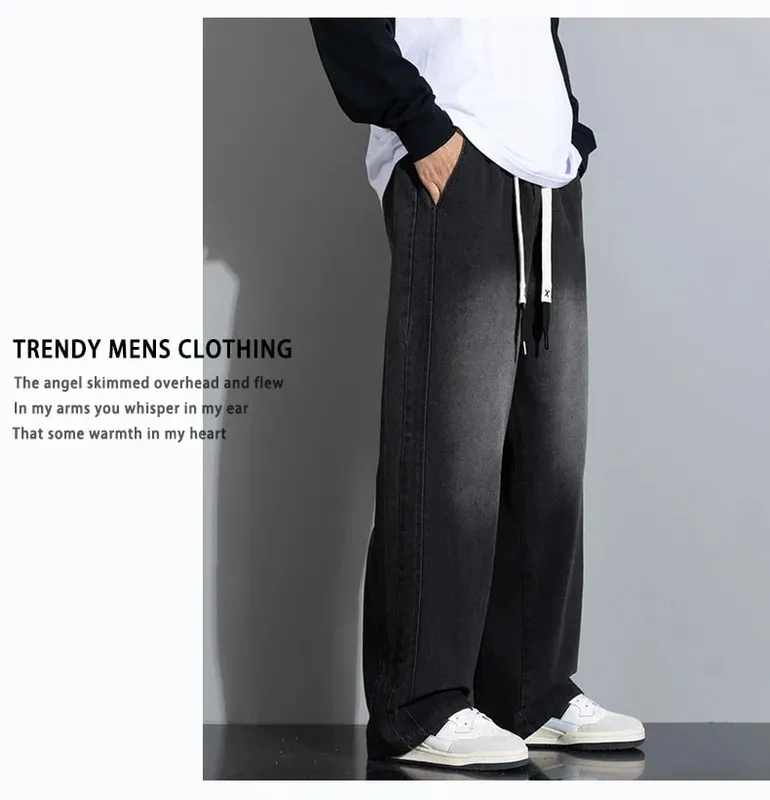 Spring New Wide Jeans Men Straight Vintage Drawstring Trousers Loose Pants Casual Solid Color Fashion Pants Big Size — image 9