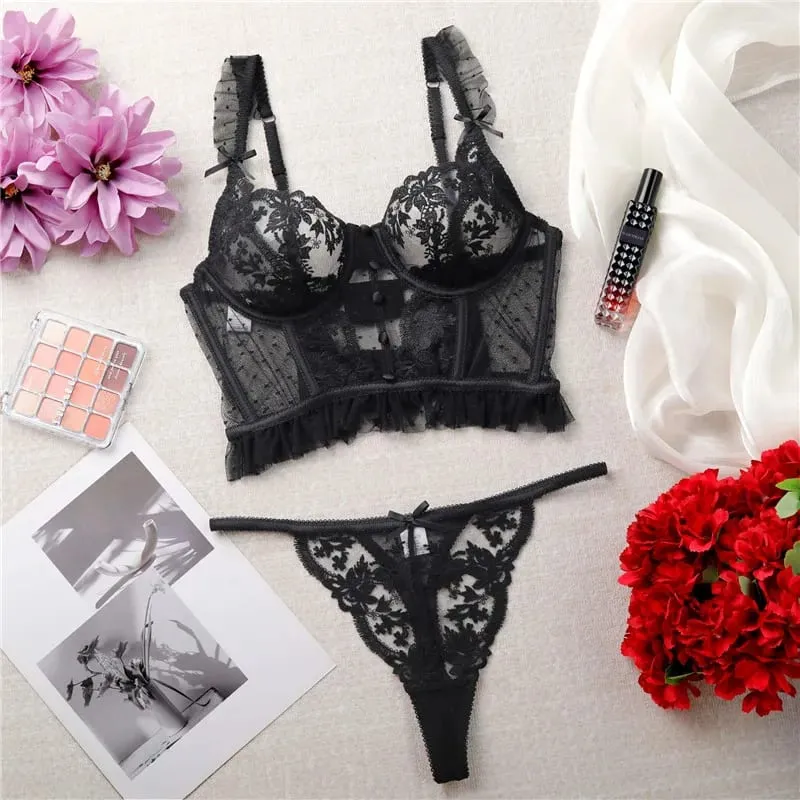 Sexy Bra Brief Set Ruffles Dot Lingerie Embroidery Flowers Solid Panties Underwear Lace Two Back Closure Intimate Exotic Sets — image 7