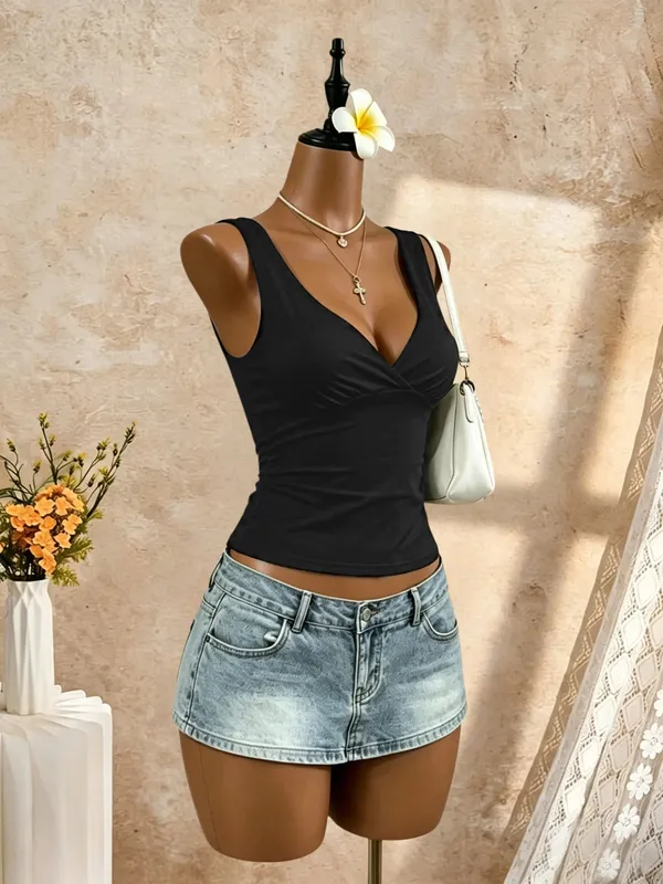 Women Wide Strap Deep V Wrap Front Open Back Tie Slim Crop Camisole 2026 Summer Y2K Going Out Streetwear Tank Tops — image 5