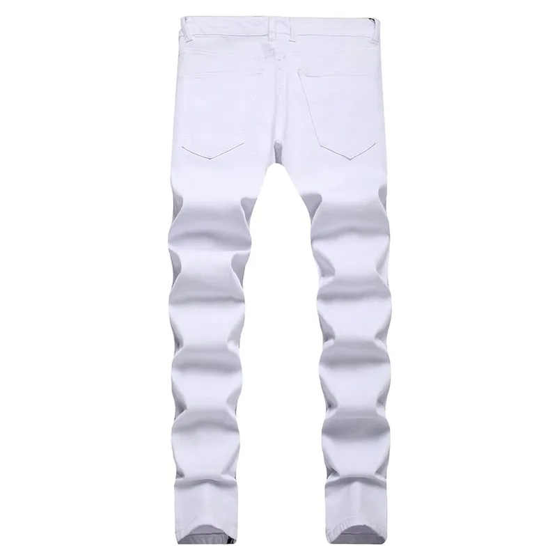 Men Painted Stretch Denim Jeans Zippers Buttons Fly Biker Pants Streetwear White Slim Tapered Trousers — image 2