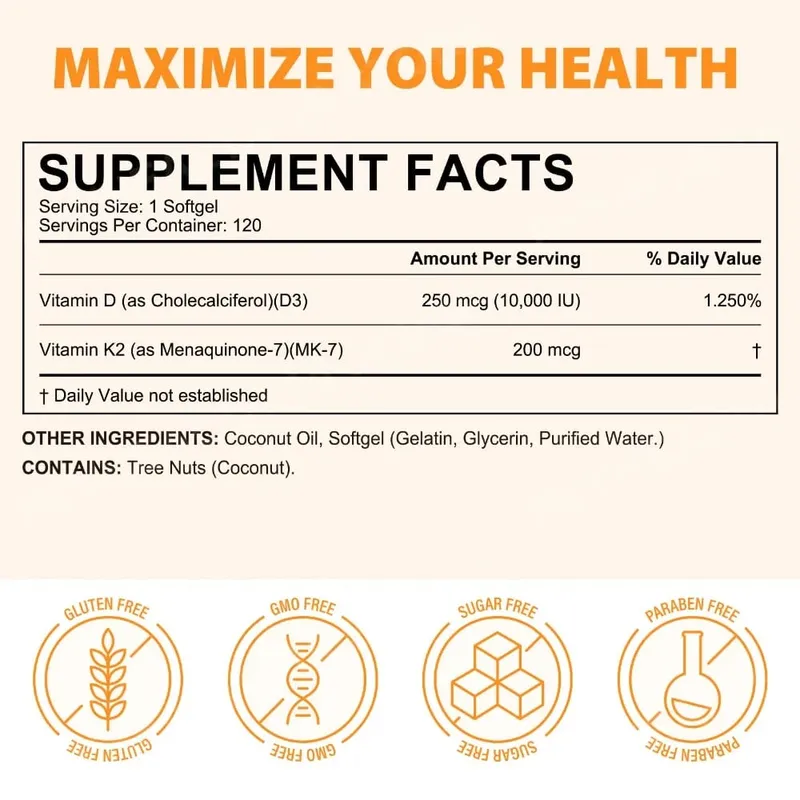 AcentiaLabs Vitamin D3 & K2 Softgels with Coconut Oil Immune Function and Bone Support Gluten Free Non-GMO 120 Softgels — image 3