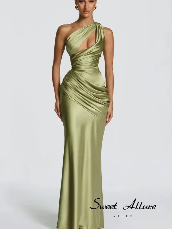 Women Green Ruched Elegant Satin Maxi Dress Mermaid One-shoulder Cutout Slim Fit Flowy Vestido 2026 Lady Summer Evening Vestidos — image 1