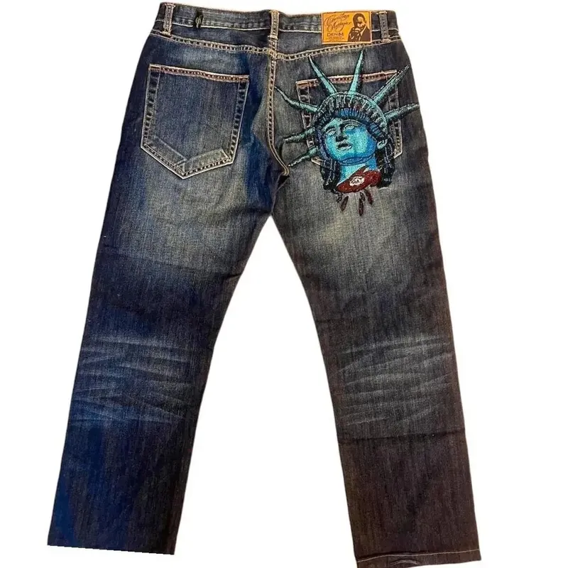 Harajuku Y2k Diamonds Wide Leg Jeans 2000s Casual Denim Pants High Waist Straight Jeans Vintage Statue of liberty Men Clothing — image 5