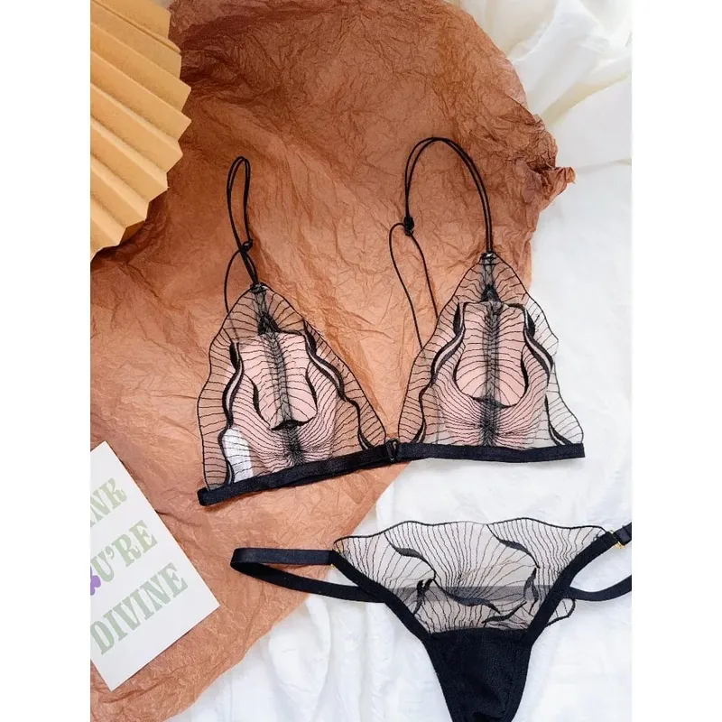Premium French Triangle Cup Lace Wireless Bra Set Ultra Thin Thin Strap Soft Sexy Backless Lingerie 32‑38 A-B CUP Set — image 3