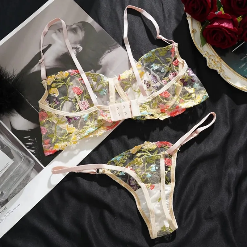 Women's New Sexy Embroidered Floral Lingerie Set Single-Layer Underwire Bra Thong Pants Hollow Transparent Out Lingerie Set — image 4