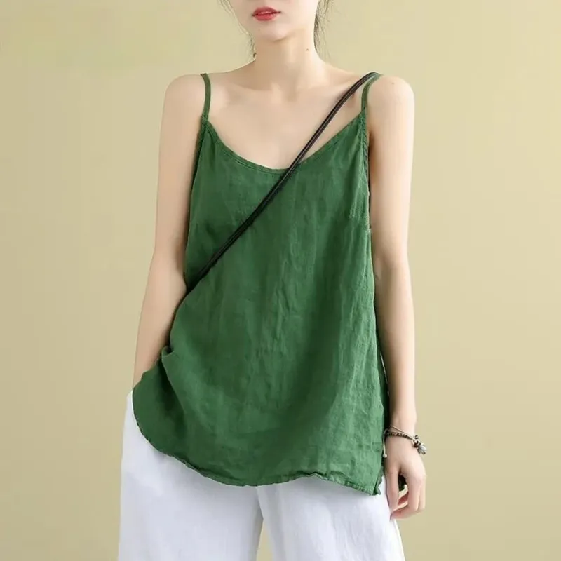 Basic Cotton Linen Spaghetti Strap Top V Neck Sleeveless Sleeveless Tank Top Loose Fit Breathable Camis Top Summer Wear — image 4