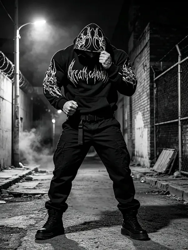 Men Alt Gothic Pullover Hoodie Y2k High Street American Style Dark Thorn Print Fleece Lined Loose Biker Fall Winter Sweatshirt — image 13