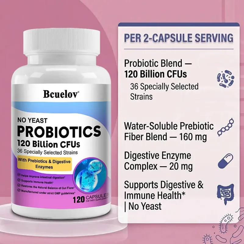 Probiotics 120 Billion CFU 36 Strains + Prebiotics + Digestive Enzymes Gut Digestion & Immune System Support Regulates Mood