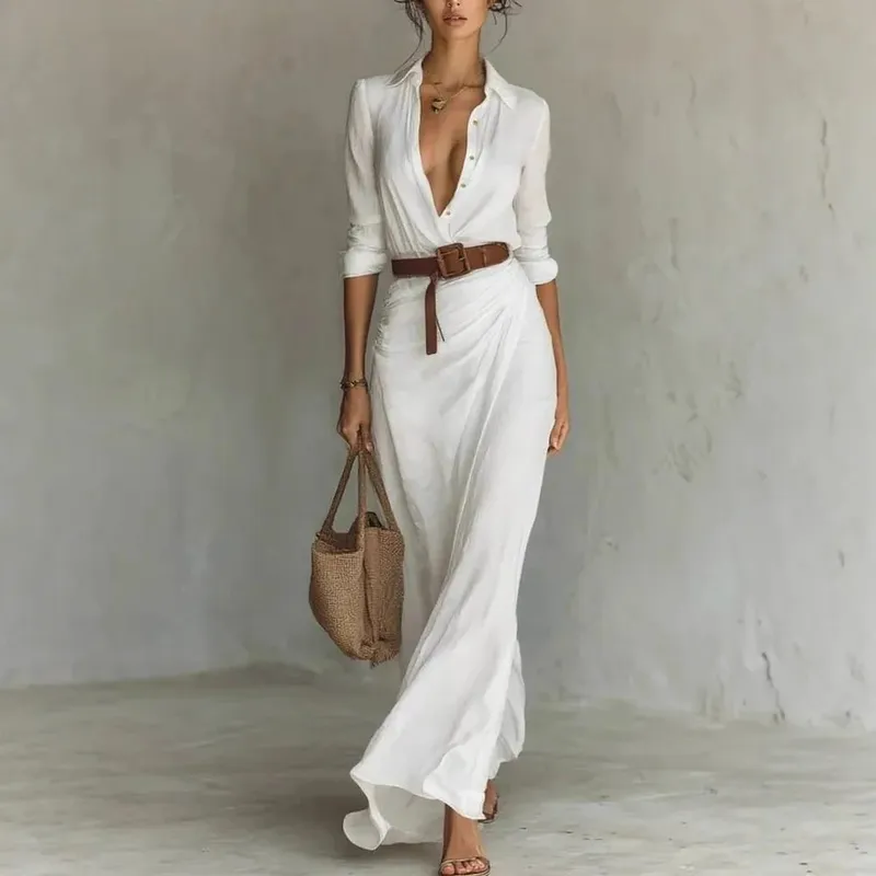 2025 New Autumn Woman Sexy Deep V Neck Hollow Long Dress Elegant Solid Belted Irregular Party Long Sleeve Slim Casual Dresses — image 1