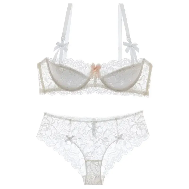セクシー French Lace Half Cup Bra Set Bow Shoulder Strap Thin Large Bust Minimizer Pure Desire Lingerie For Teen Girls Daily Outfit — image 9