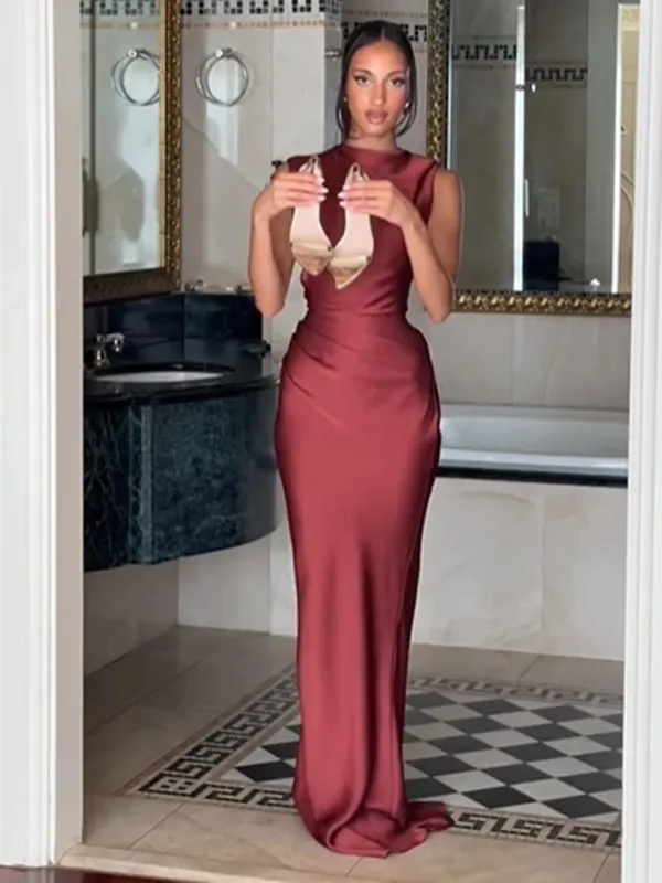 Ruched Waist Satin Long Dress Solid Bodycon Sleeveless Cowl Neck Fishtail Women Dresses 2026 Summer Lady Formal Evening Gowns — image 4