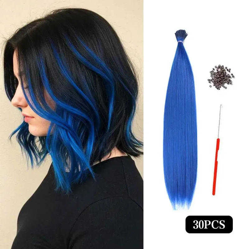 30pcs Colored Hair Extension 16-Inch I-Tip Synthetic Extensions. This long-style kit for women includes beads and a crochet tool — image 7