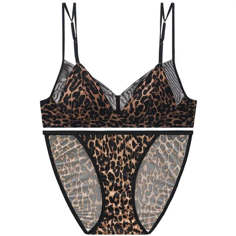 Modish Leopard Intimate Set Non-wire Thin Triangle Bra Breathable Summer Nude Fabric Small Chest Firm Gathering Womens Indoor — image 11