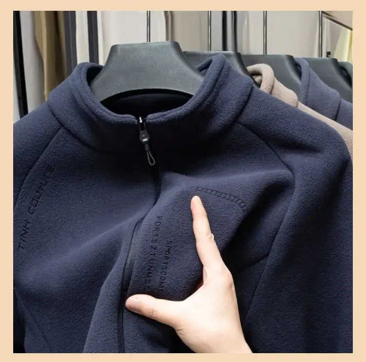 Men Double-sided Polar Fleece Hoodie Cardigan Solid Full Zip Warm Letter Print Casual Coats Thicken Sport Classic Sweatshirts