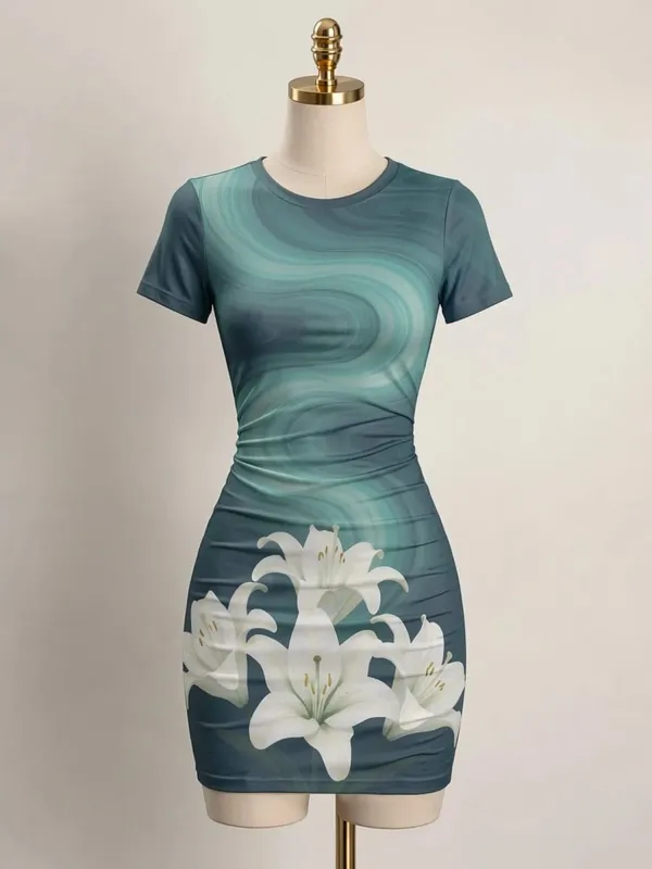 Womens Short Sleeve Bodycon Mini Dress Slim Fit Crew Neck Floral Print Casual Summer Party Cute Comfy Vacation Vacation Sundress