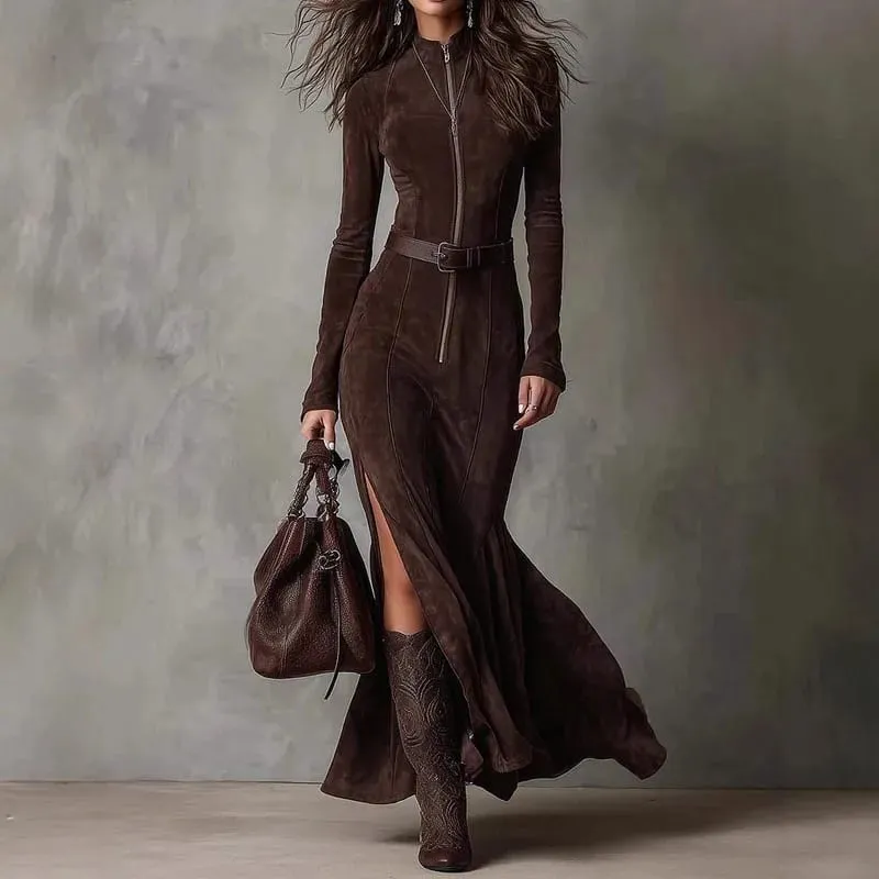 Casual O-neck Long Sleeve Suede Party Dress Elegant Side Split Solid Slim Long Dress Women Fashion With Belt Tie-Up Maxi Dress — image 3