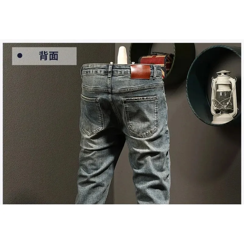 Classic minimalist retro blue jeans men's stretch slim fit 2025 autumn street fashion nostalgic small leg pants — image 3