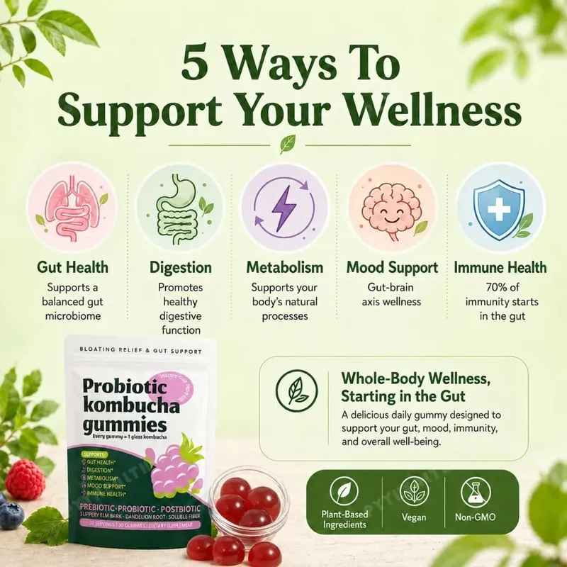 Probiotic Kombucha Gummies Berry 30 Ct Prebiotic Postbiotic Gut Health Digestion Bloating Relief Immune Vegan Non-GMO Supplement — image 2