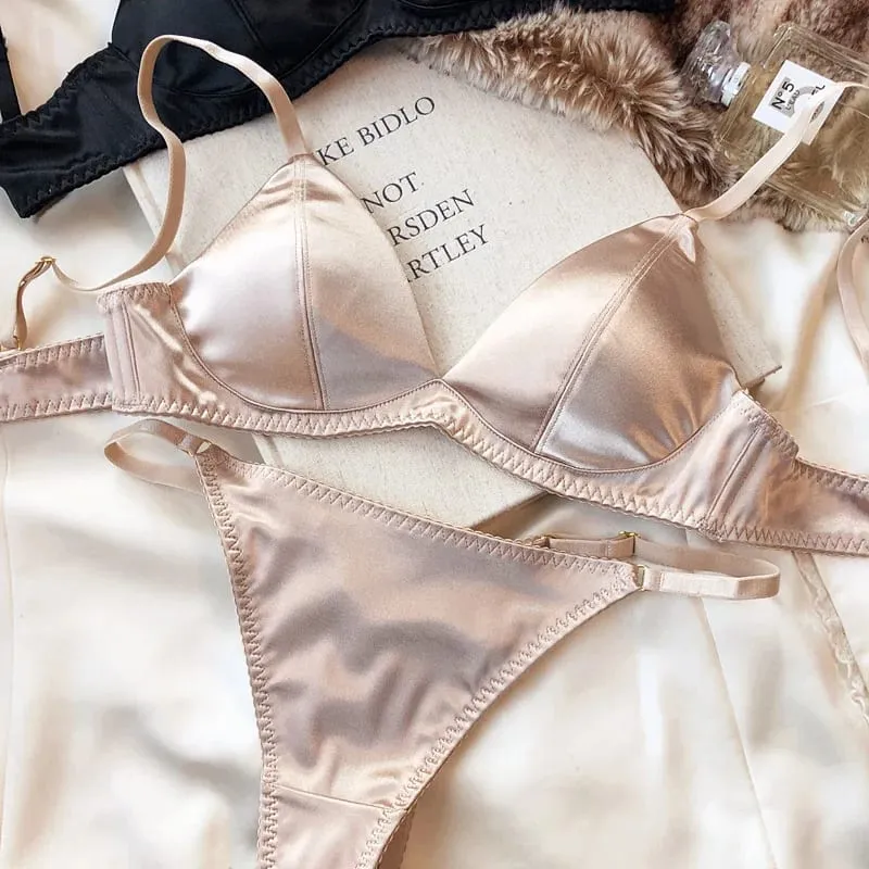 Summer Women Underwear Set Silken Triangle Cup Wireless Bras French Bralette Seamless Intimates Bra and Thong Lingerie Set — image 6