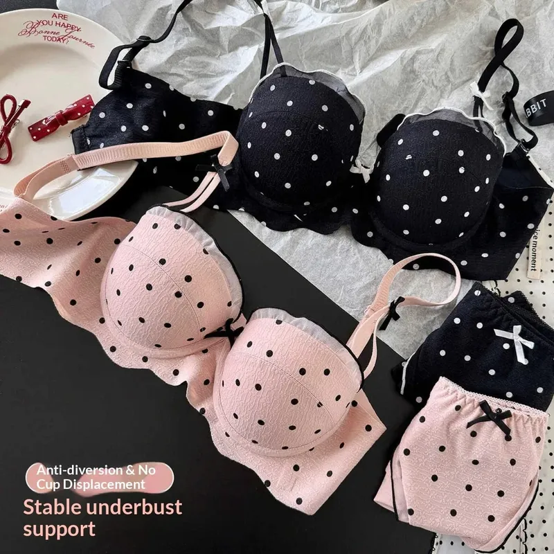 레이스 폴카 도트 브래지어 투피스 세트 작은 가슴 수집 방지 처짐 측면 유방 컬렉션 편안한 와이어 프리 란제리 세트 — image 3