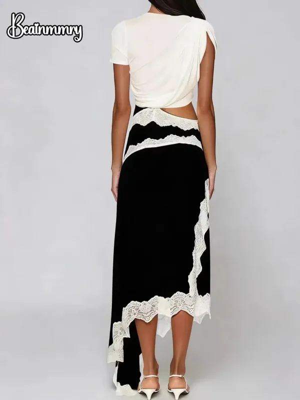 Lace Patchwork Cut Out Short-sleeve Twisted Tee Dress Color Block Gathered Lace Panel Maxi Dresses Women's Chic Daily Outfit — image 3