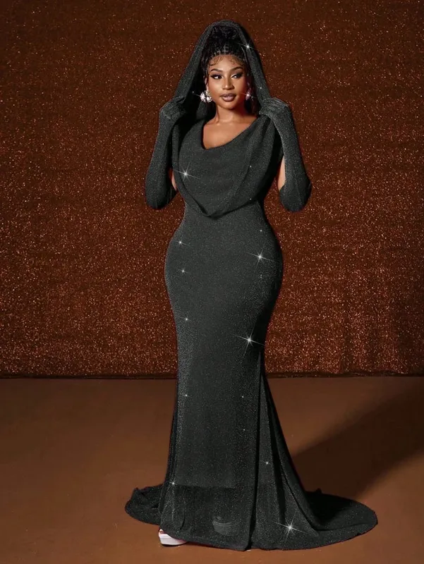 Plus Size Hat Sexy Waistband Hot Gold Fish Tail Swing Long Solid Colour Fishtail Slim Package Hip Dress Hooded — image 9
