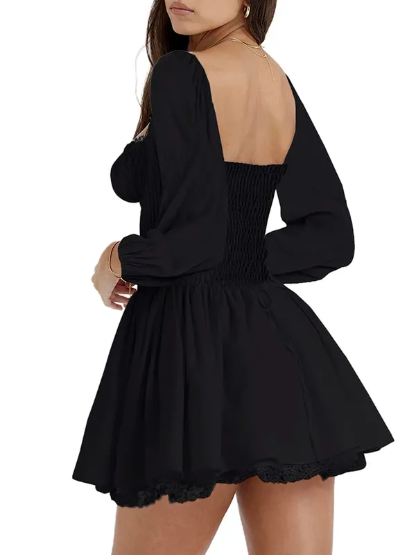 Mini robe à volants pour femmes, col carré, avec corset à lacets, ceinture évasée, manches longues, Vintage, motif Floral, ligne a, robes trapèze — image 5
