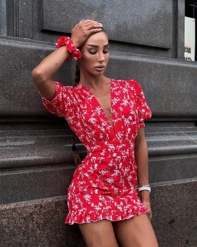 Chic Strawberry Print Ruffle Dress 2026 Deep V Neck Long Puff Sleeve Ruched Waist Mini Dresses Spring Sweet Café Meetup Vestido — image 14