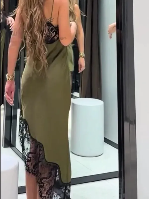 Chic Lace Patchwork Satin Camisole Dress Sleeveless See Through Irregular Hem Dresses 2026 New Party Daily Outdoor Casual Attire — image 4