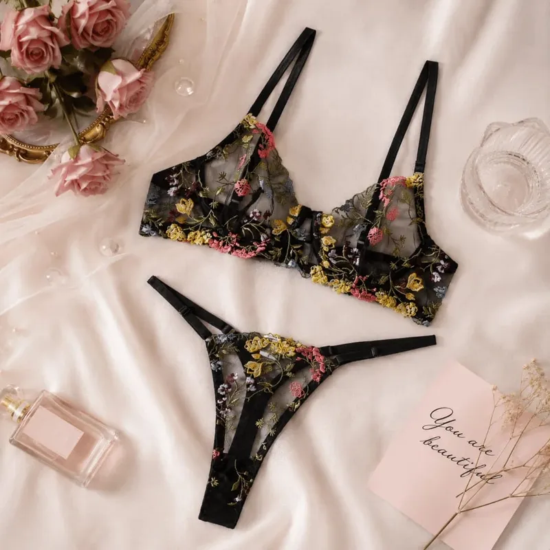 Versatile Transparent Lingerie Set Ultra-thin Push Up Embroidery Floral Underwear Elegant Panties Bra Set Girl — image 4