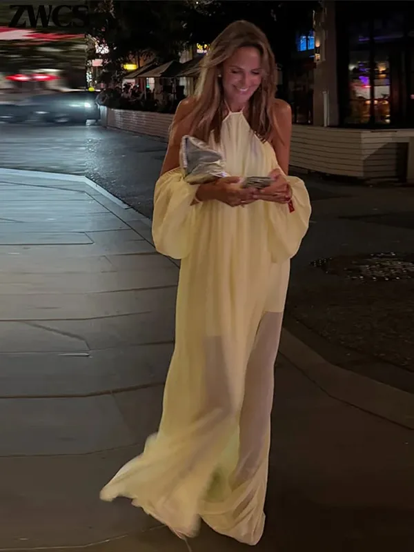 Sexy Halter Backless Party Gowns Women's Yellow Big Hem Off-shoulder Long Dresses 2026 Spring New Ladies Loose Beach Robes — image 4