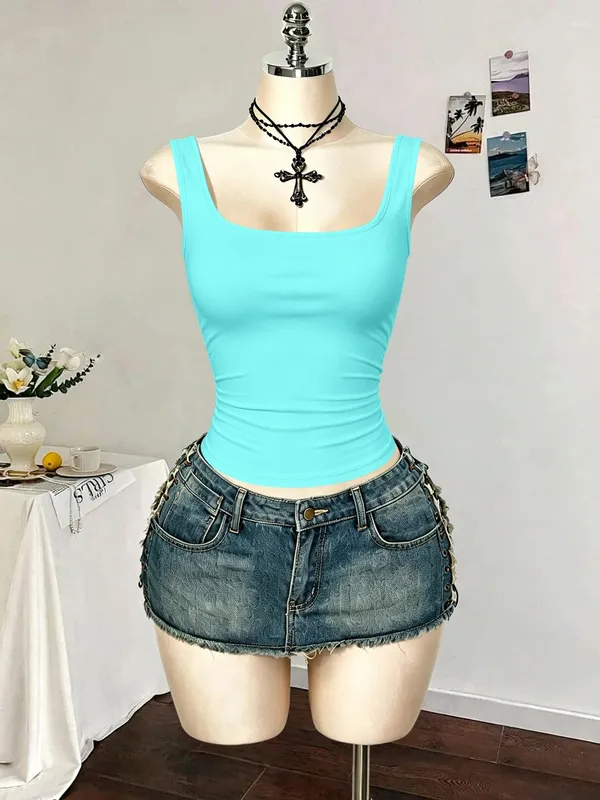 Women Square Neck Wide Strap Ribbed Tank Top Sleeveless Fitted Slim Casual Cami Top — image 12