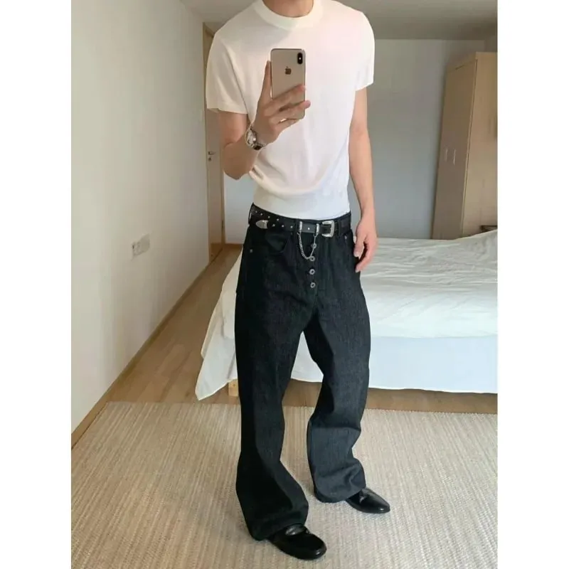 Mens Jeans Harajuku Summer Hong Kong Style Letter Print Denim Pants Hip Hop Ins High Street Trendy Loose Cool Fashion Trousers — image 3