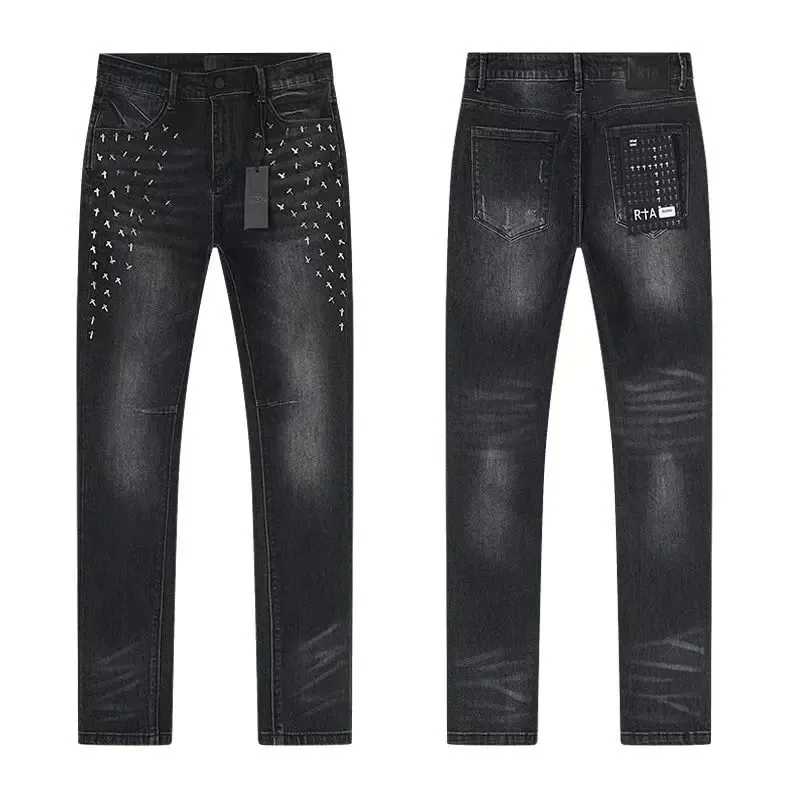 2026 RTA Men's Slim Fit Jeans Collection Distressed Ripped Paint Splatter Studded Patch Vintage Washed Streetwear Fashion Pants — image 14