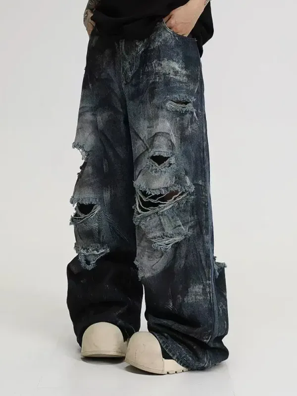 Inkjet Hole Jeans Men Women New American Washed Hip-Hop Wide-Leg Pants Gothic Street Straight Pants — image 3