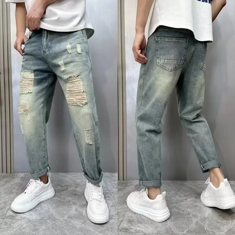 2025Heavy Duty Washed and Scraped Denim Men's Trendy High-end Embroidered Printed Loose Tapered Straight Leg Jeans — image 12