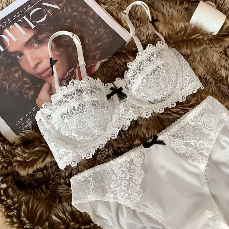 Sexy Lace Bra Set for Women Plus Size Half Cup Sheer Ultra Thin Nipple Concealed Erotic Lingerie Push Up Comfort Underwear Set — image 9