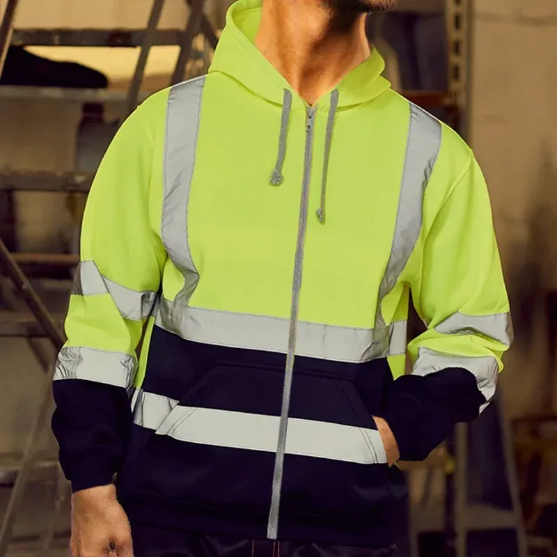 Reflective Work Safety Men Hoodies Drawstring Loose Zipper Jacket Autumn Thin Fleece Hooded Pullover Coat Casual Work Sweatshirt — image 16