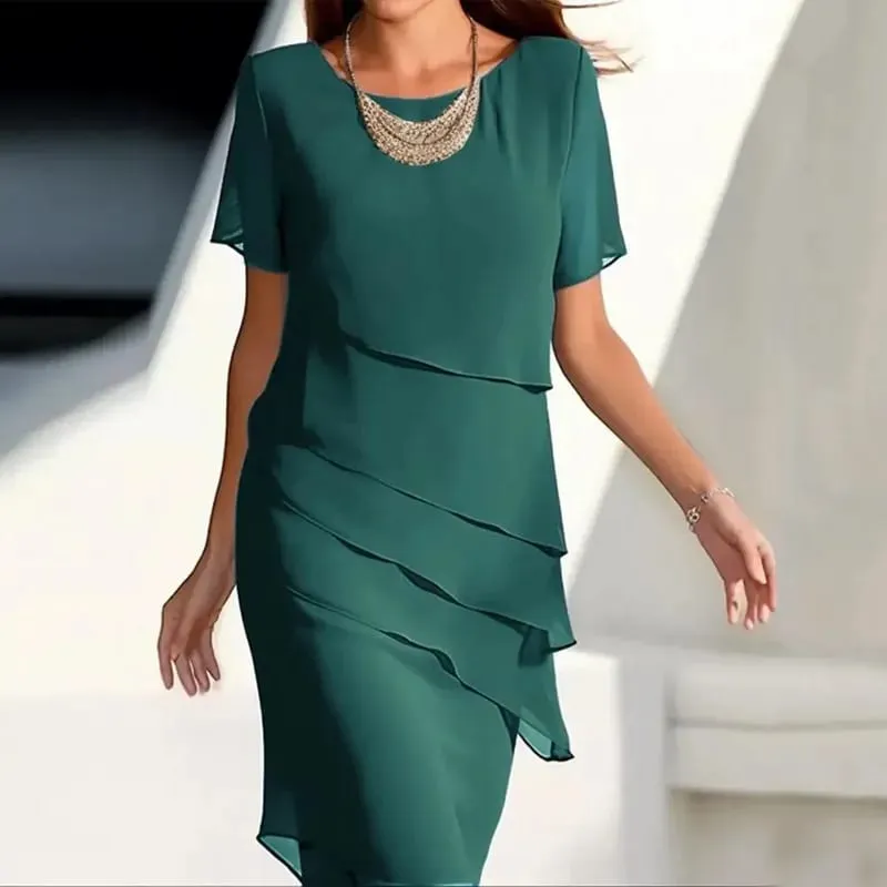 Women's Party Dress Chiffon Short Sleeve Round Neck Layered Asymmetrical Hem Formal Cocktail Dress — image 4