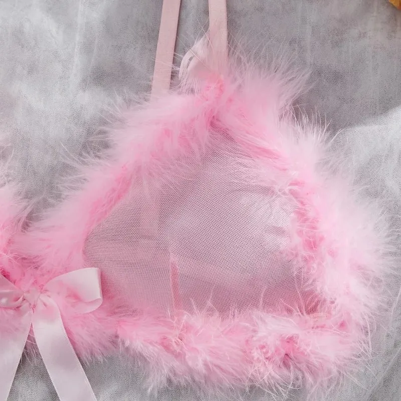 Furry Women's Underwear Wireless Bow Decor Lingerie Set Romantic Intimate Mesh Transparent Bra Panties Suit Valentine's Day — image 4