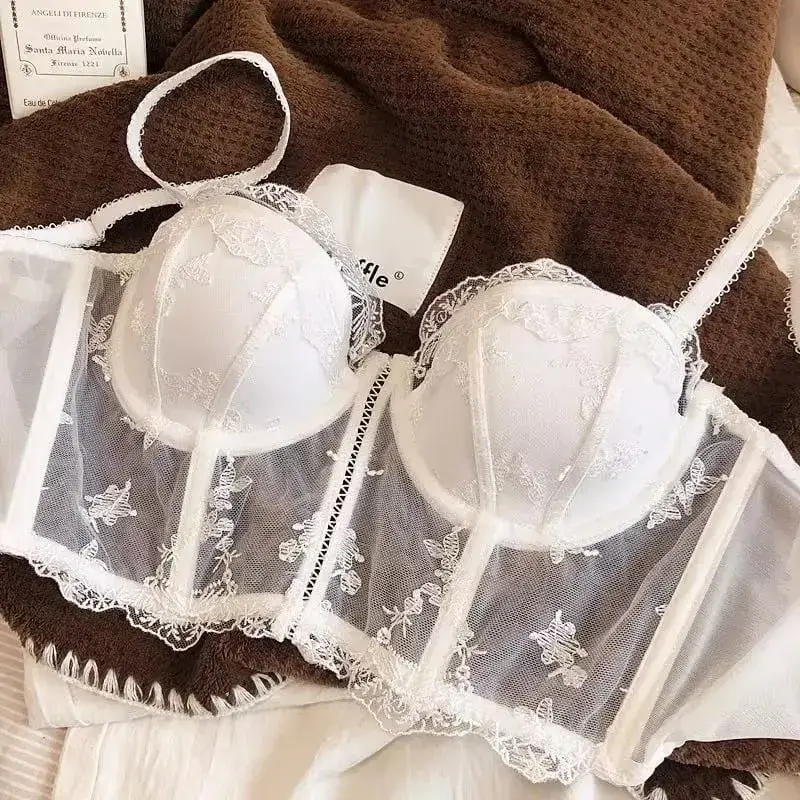 French Vintage Half Cup Lace Embroidery Longline Corset Bra Set Sexy Push‑Up Shaping Lingerie 2‑Piece Underwear Set — image 1