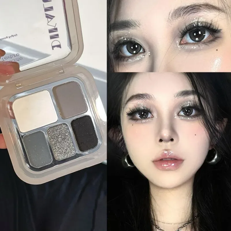 5 Colors Metallic Cement Gray Eyeshadow Palette Glitter Pearlescent Punk Smoky Eye Highlighter Matte White Face Brightening — image 3