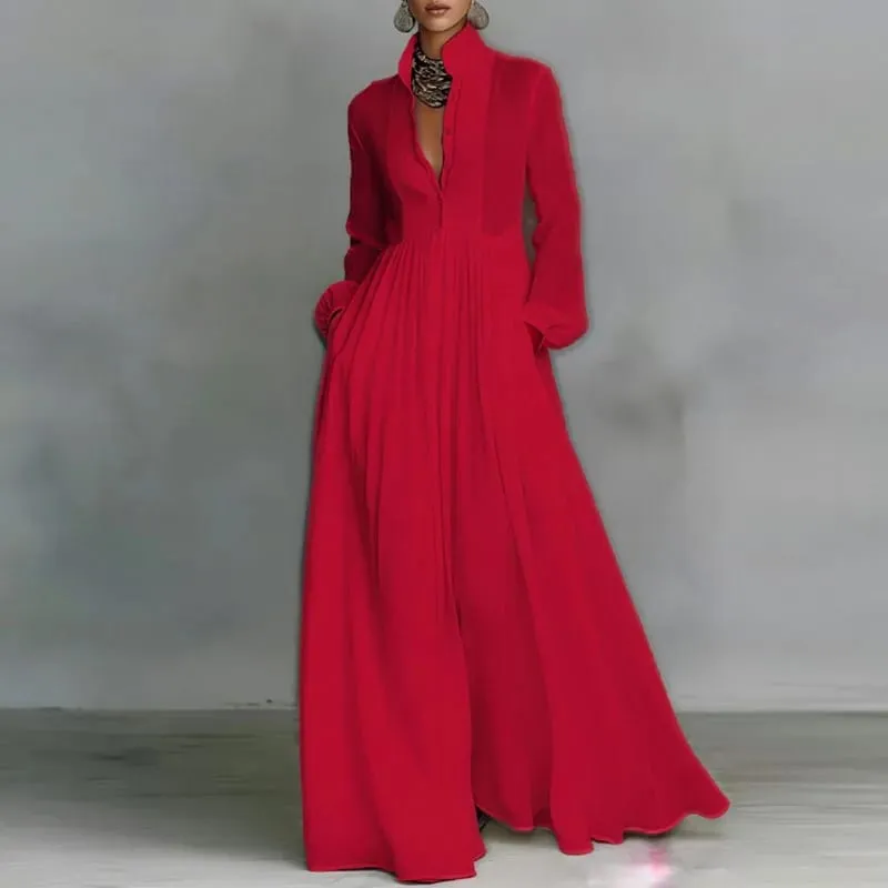 French Elegant High Waist Swing Long Dress Woman Spring Solid Pockets Pleated Maxi Dress Autumn Long Sleeve Button Evening Dress — image 5