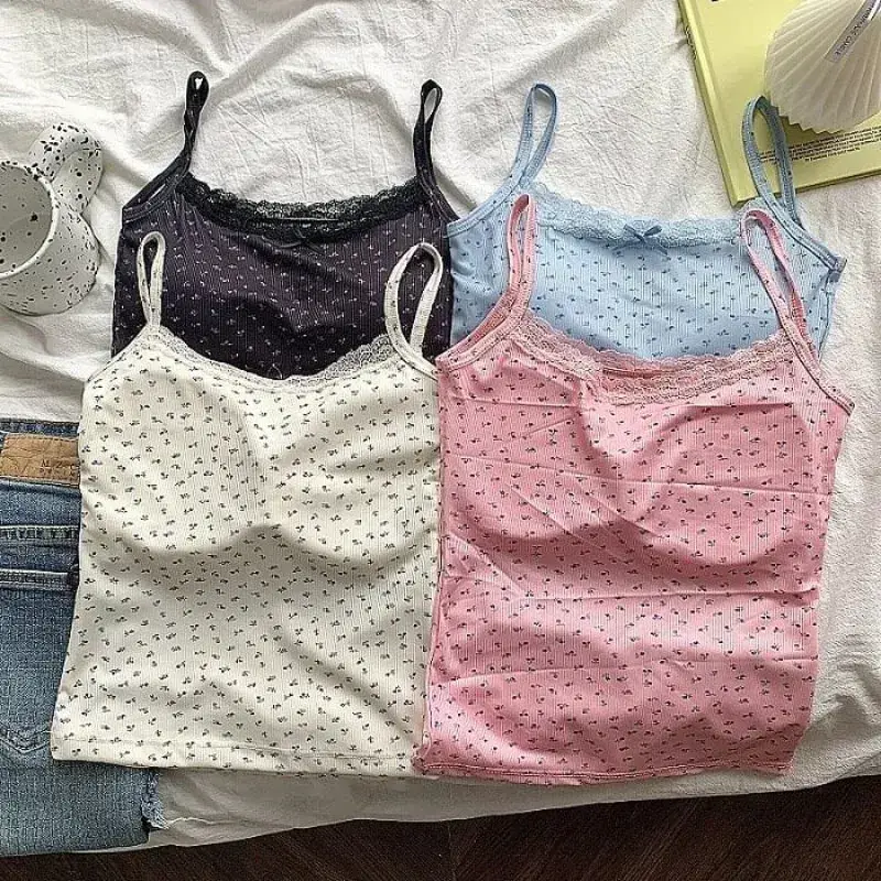 Elegant Lace Flower Print Slim Sexy Vest Floral Tops One Size Tank Spring Sweet Bowknot Style T-Shirt Casual Crop Top Summer — image 10